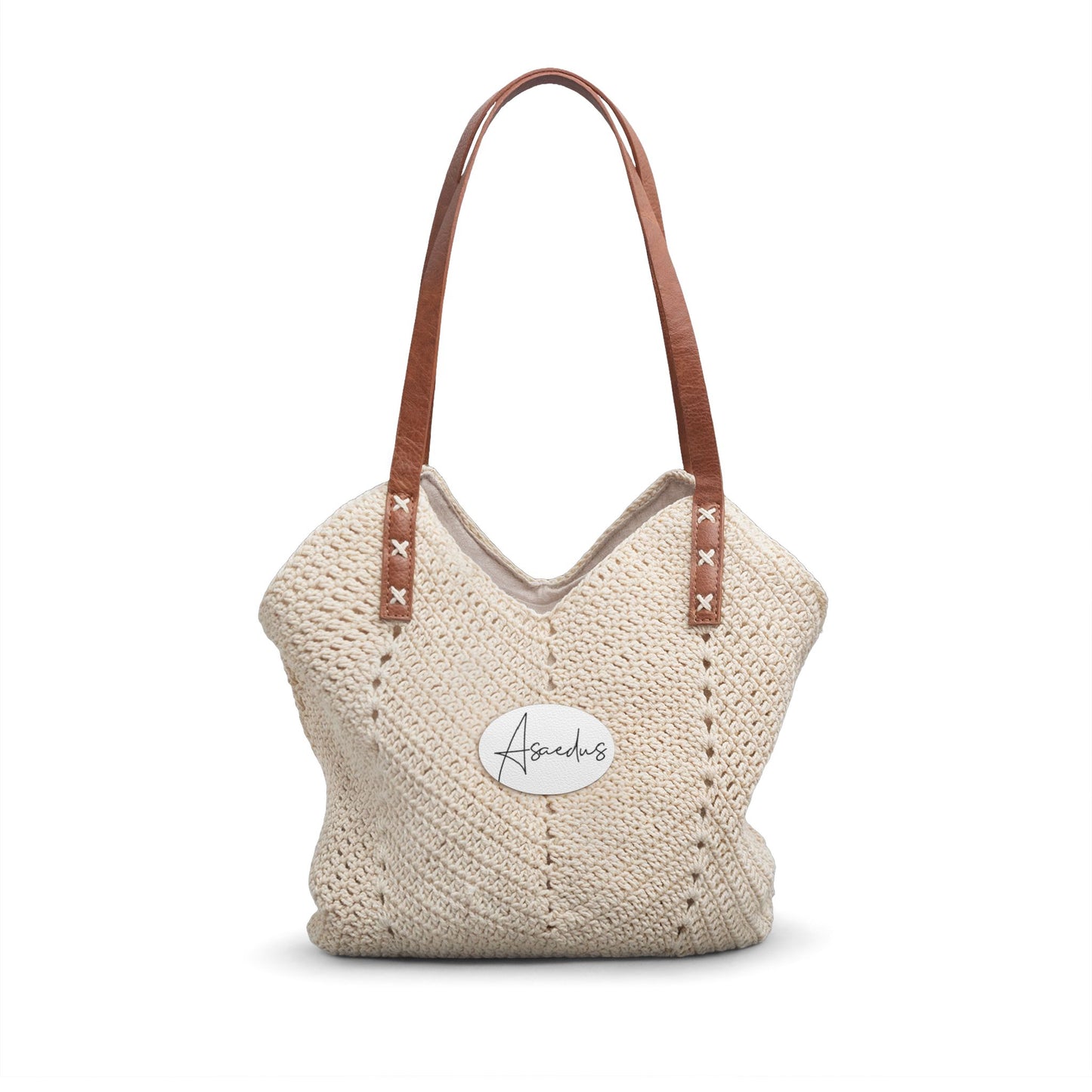 Crocheted Straw Shoulder Bag | Boho Beach Tote, Leather Strap