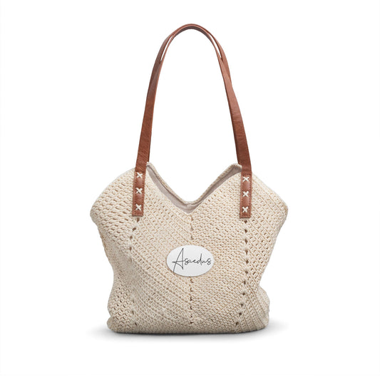 Crocheted Straw Shoulder Bag | Boho Beach Tote, Leather Strap