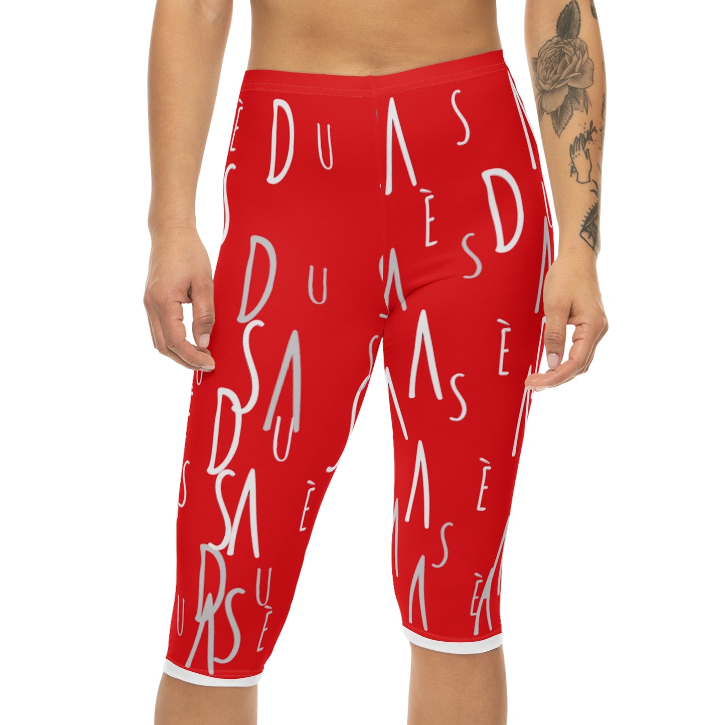 Capri Leggings — Red Abstract Handwritten Lettering Print