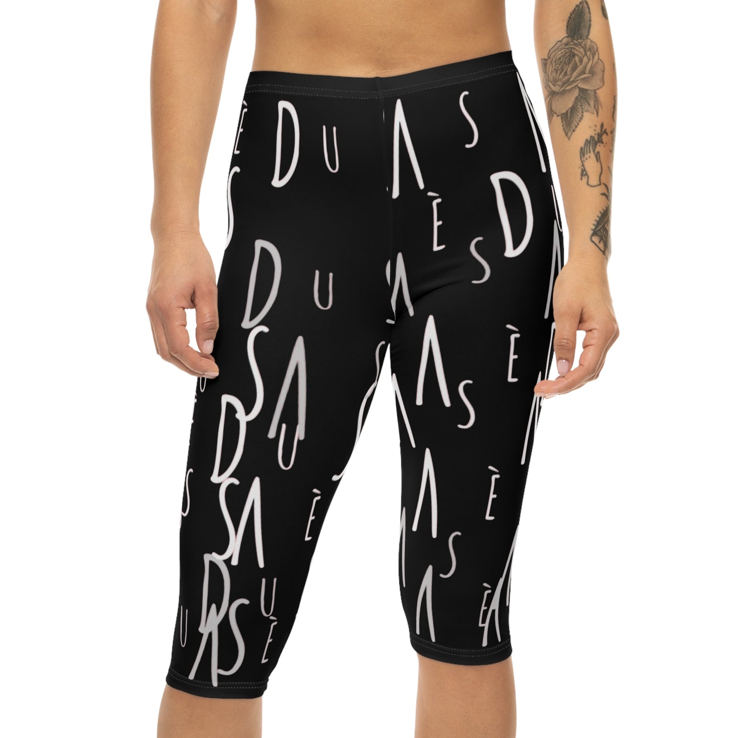 Capri Leggings — black Abstract Handwritten Lettering Print