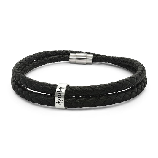 Engraved Black Braided Leather Bracelet with Stainless Steel Bead