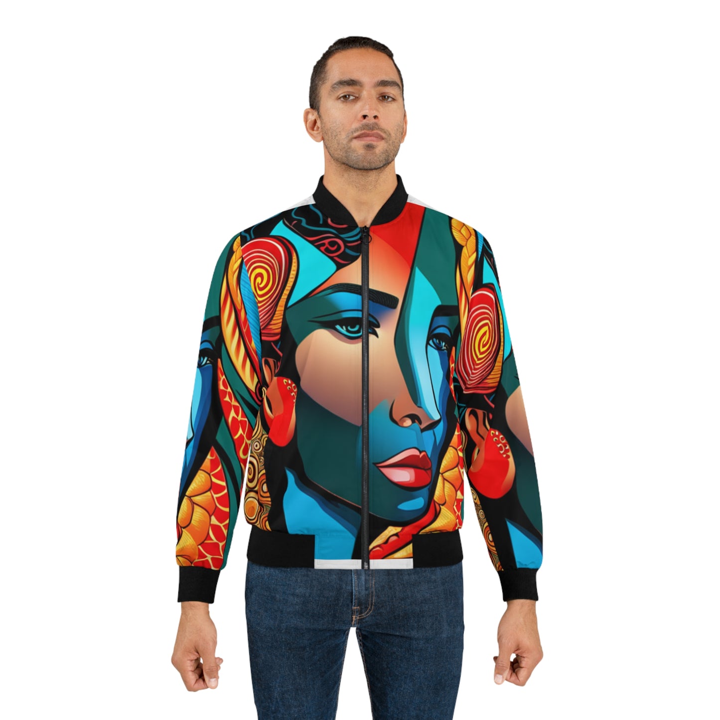 Blue artsy bomber jacket